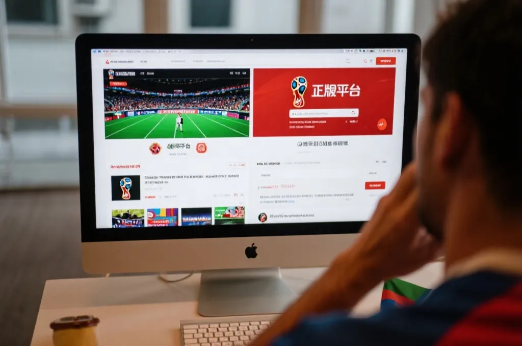 球迷在电脑前查看世界杯直播页面，屏幕上同时显示正版平台和可疑链接的对比界面